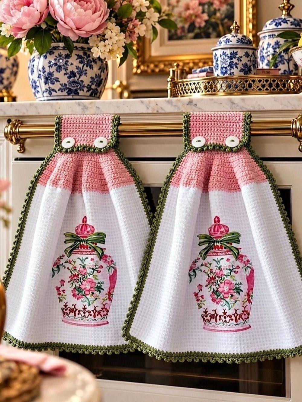 Artisan Handmade Crochet Hanging Towels Set 2 Pink Ginger Jar Sage